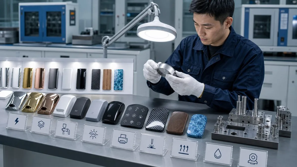 世恭後加工服務樣品，包含電鍍、噴塗、印刷、雷雕與水轉印等表面處理